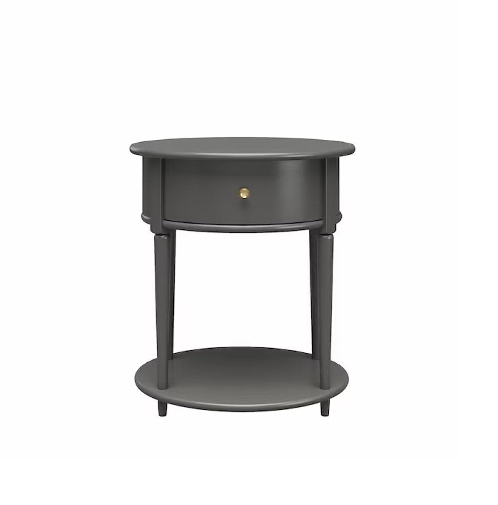 Round Gray End Table with Drawer