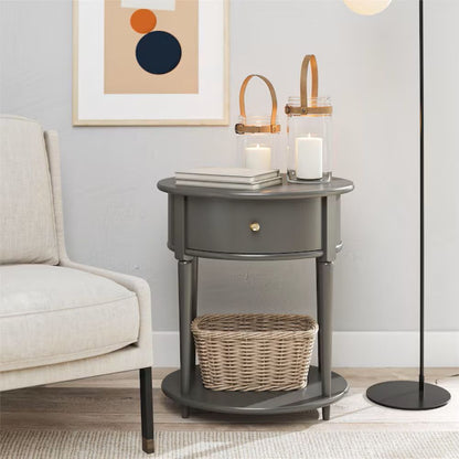 Round Gray End Table with Drawer