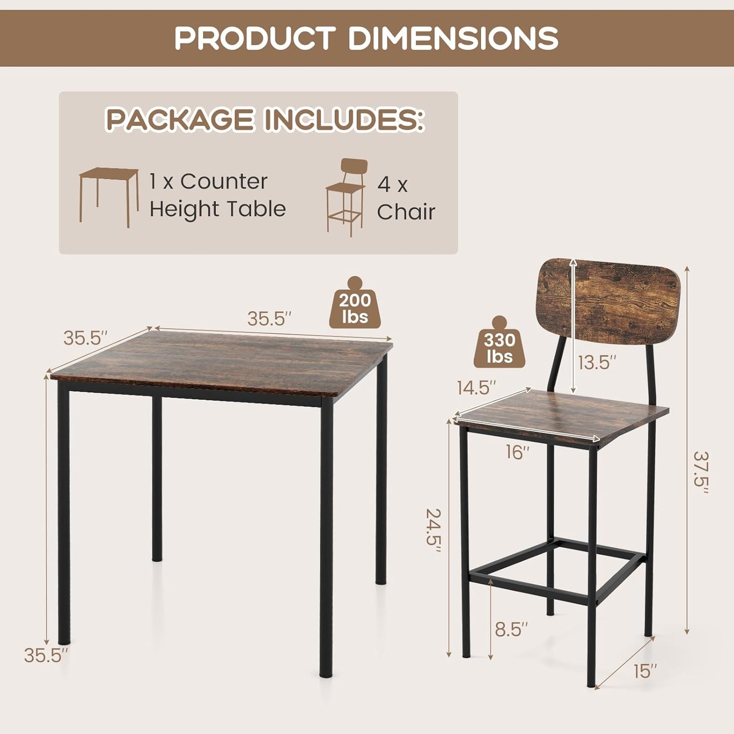 Giantex 5-Piece Dining Set – Counter Height Table & 4 Bar Stools with Backrests and Footrests, Mix Brown