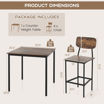 Giantex 5-Piece Dining Set – Counter Height Table & 4 Bar Stools with Backrests and Footrests, Mix Brown