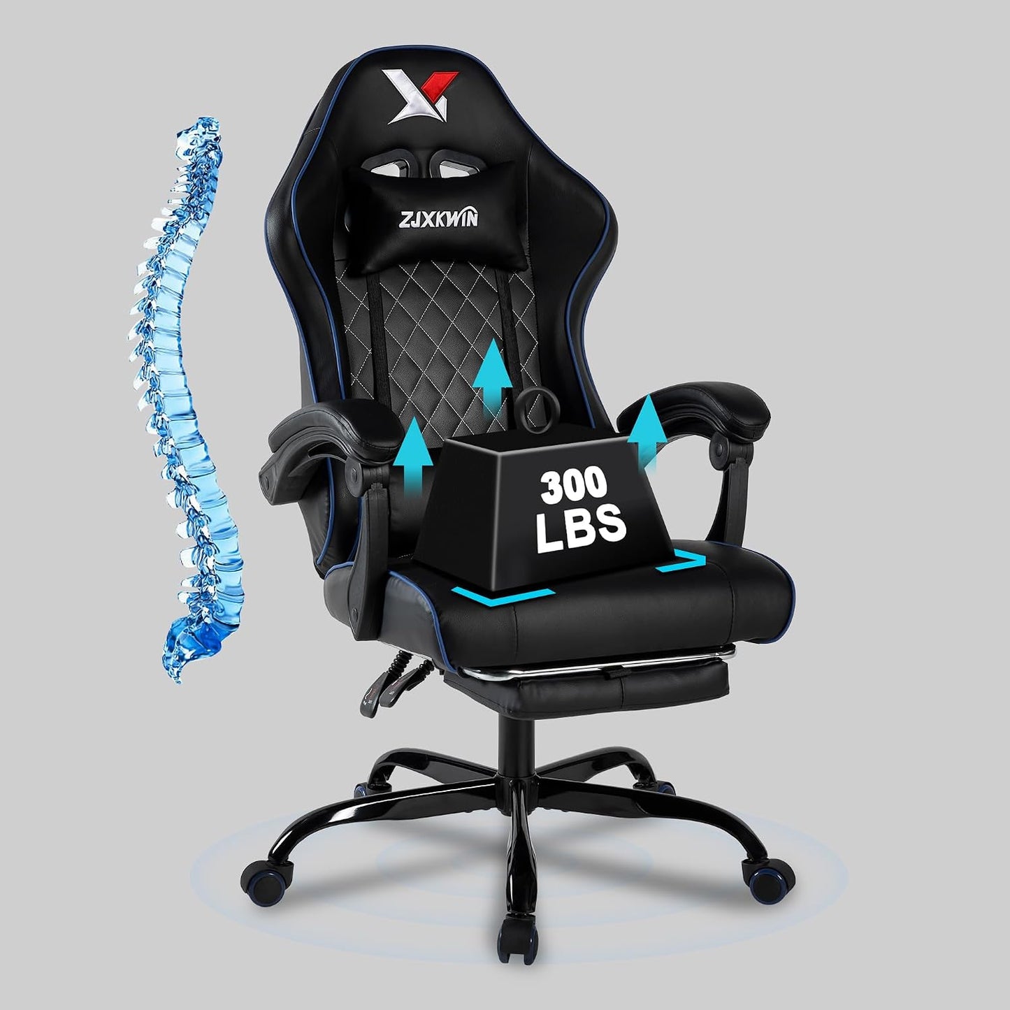 Premium Gaming Chair – Ergonomic High Back Office Chair with Pocket Spring Cushion, Footrest, Lumbar Support & Adjustable Height, Blue