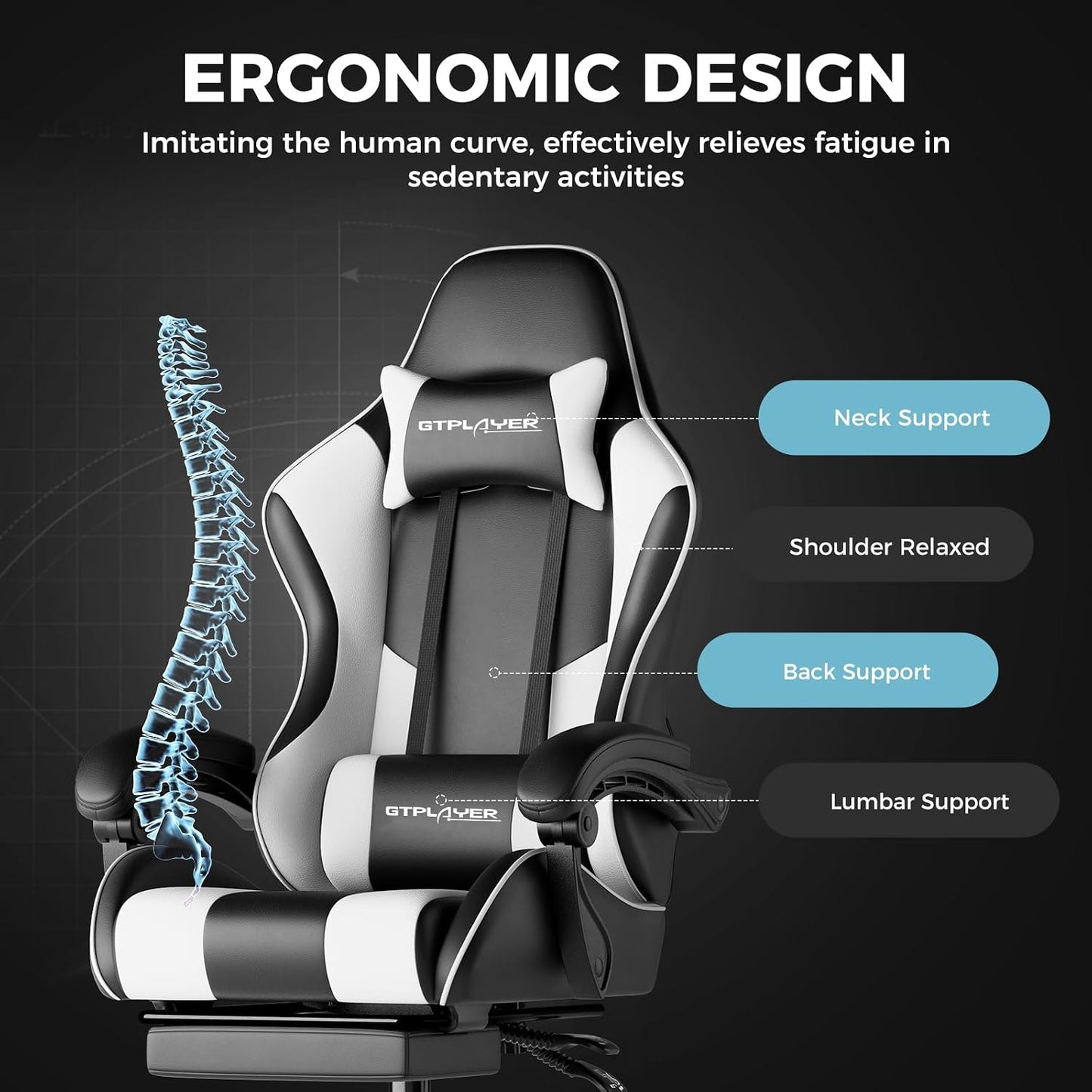 GTPLAYER Ergonomic Computer Gaming Chair – High Back Office Chair with Footrest, Lumbar Support & 360° Swivel, Pearl White