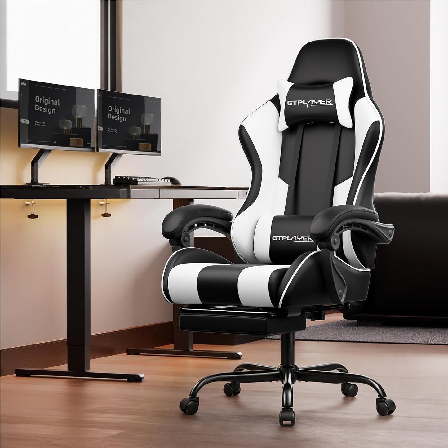 GTPLAYER Ergonomic Computer Gaming Chair – High Back Office Chair with Footrest, Lumbar Support & 360° Swivel, Pearl White