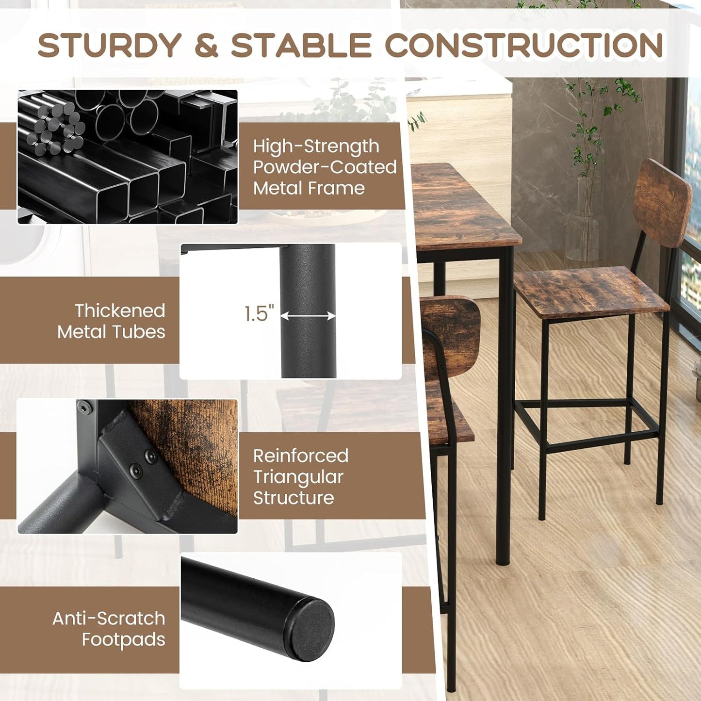 Giantex 5-Piece Dining Set – Counter Height Table & 4 Bar Stools with Backrests and Footrests, Mix Brown