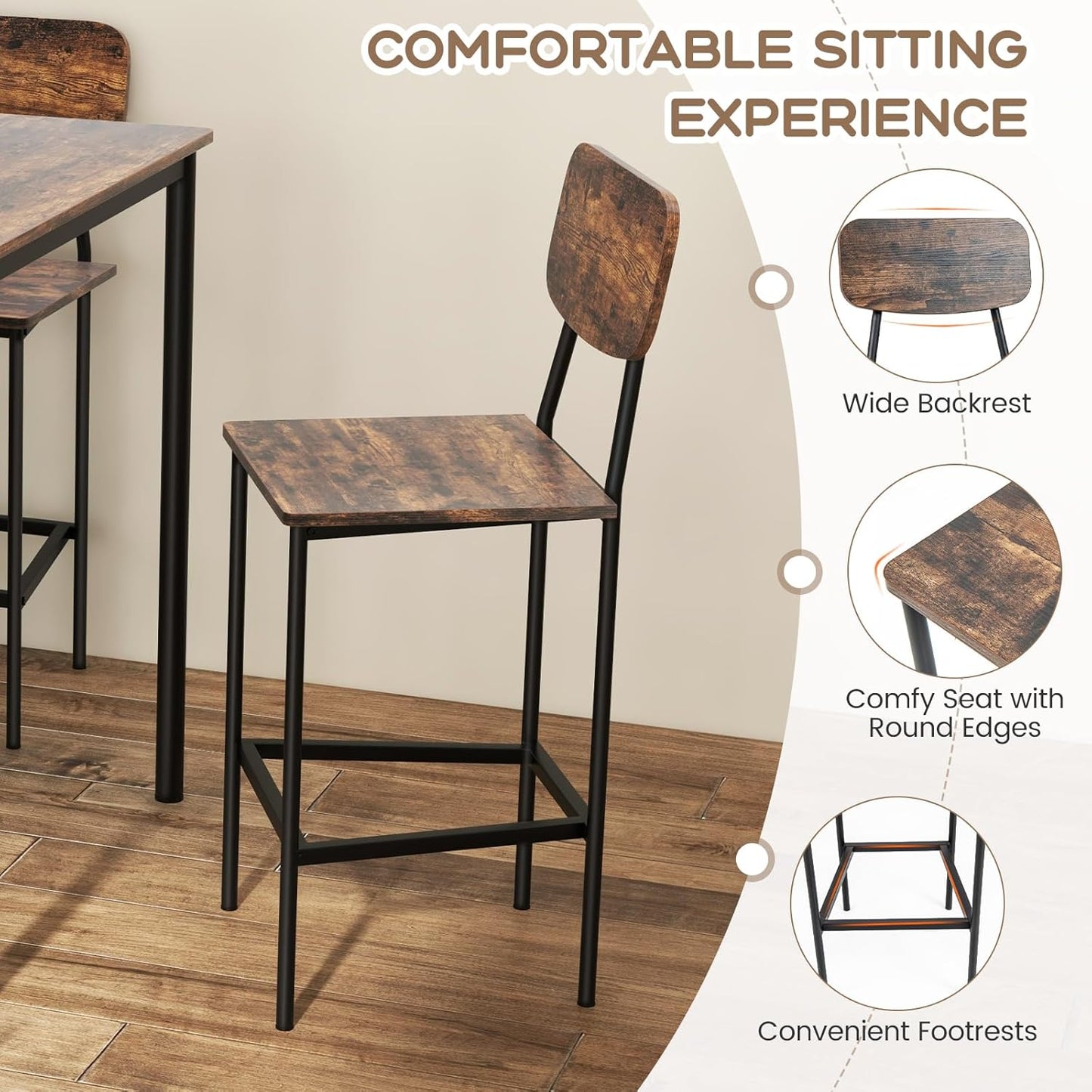 Giantex 5-Piece Dining Set – Counter Height Table & 4 Bar Stools with Backrests and Footrests, Mix Brown