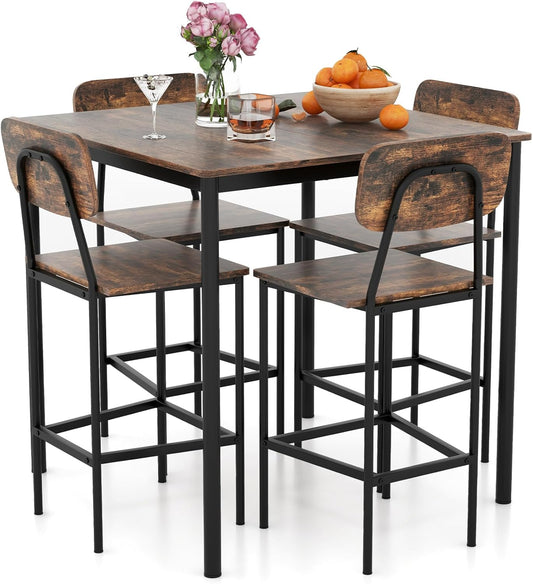 Giantex 5-Piece Dining Set – Counter Height Table & 4 Bar Stools with Backrests and Footrests, Mix Brown