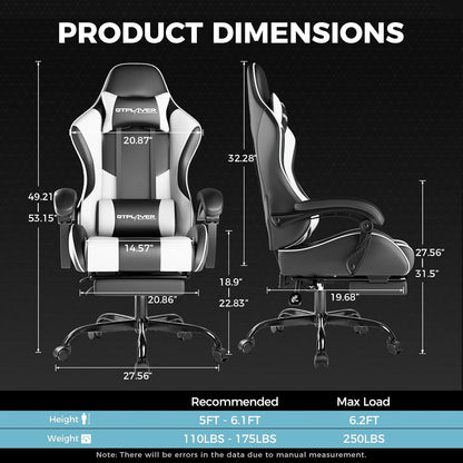 GTPLAYER Ergonomic Computer Gaming Chair – High Back Office Chair with Footrest, Lumbar Support & 360° Swivel, Pearl White