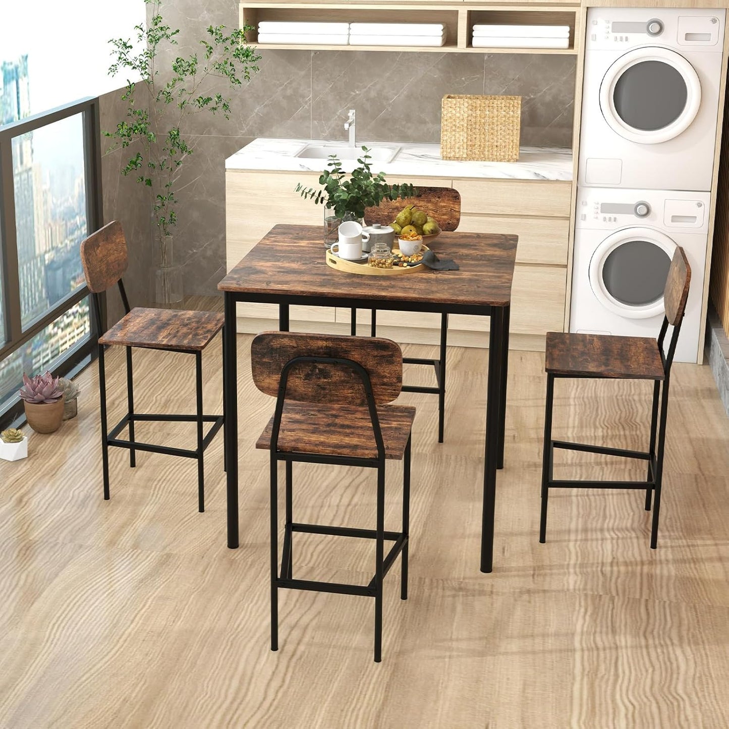 Giantex 5-Piece Dining Set – Counter Height Table & 4 Bar Stools with Backrests and Footrests, Mix Brown