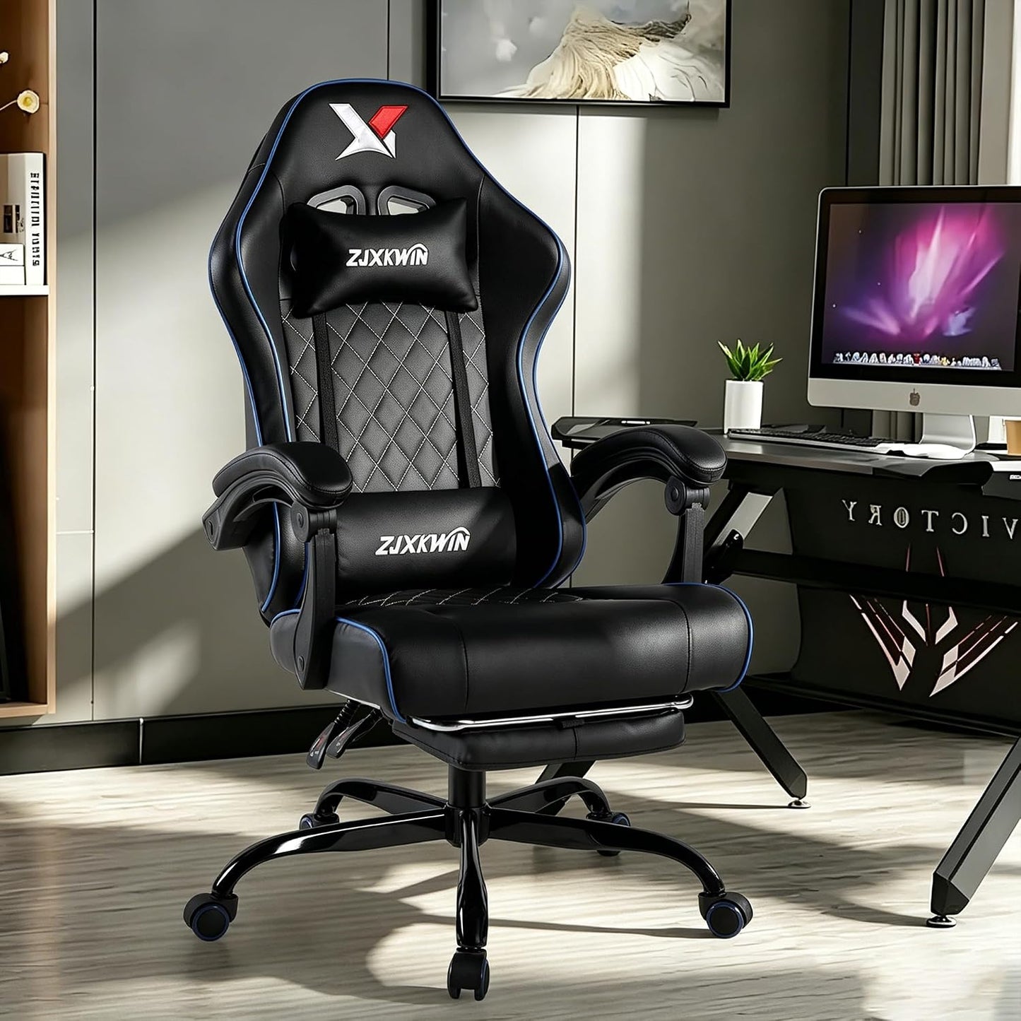 Premium Gaming Chair – Ergonomic High Back Office Chair with Pocket Spring Cushion, Footrest, Lumbar Support & Adjustable Height, Blue