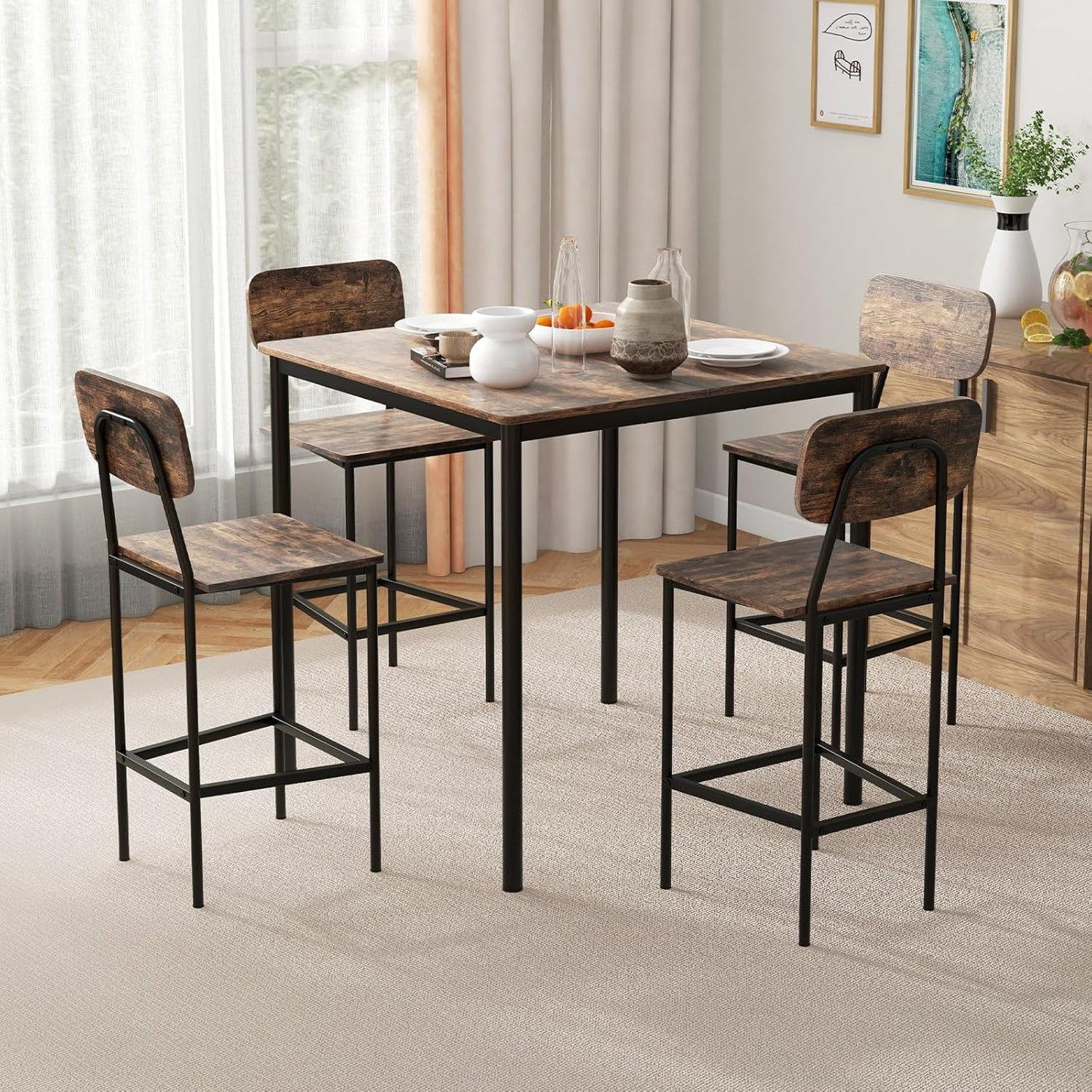 Giantex 5-Piece Dining Set – Counter Height Table & 4 Bar Stools with Backrests and Footrests, Mix Brown