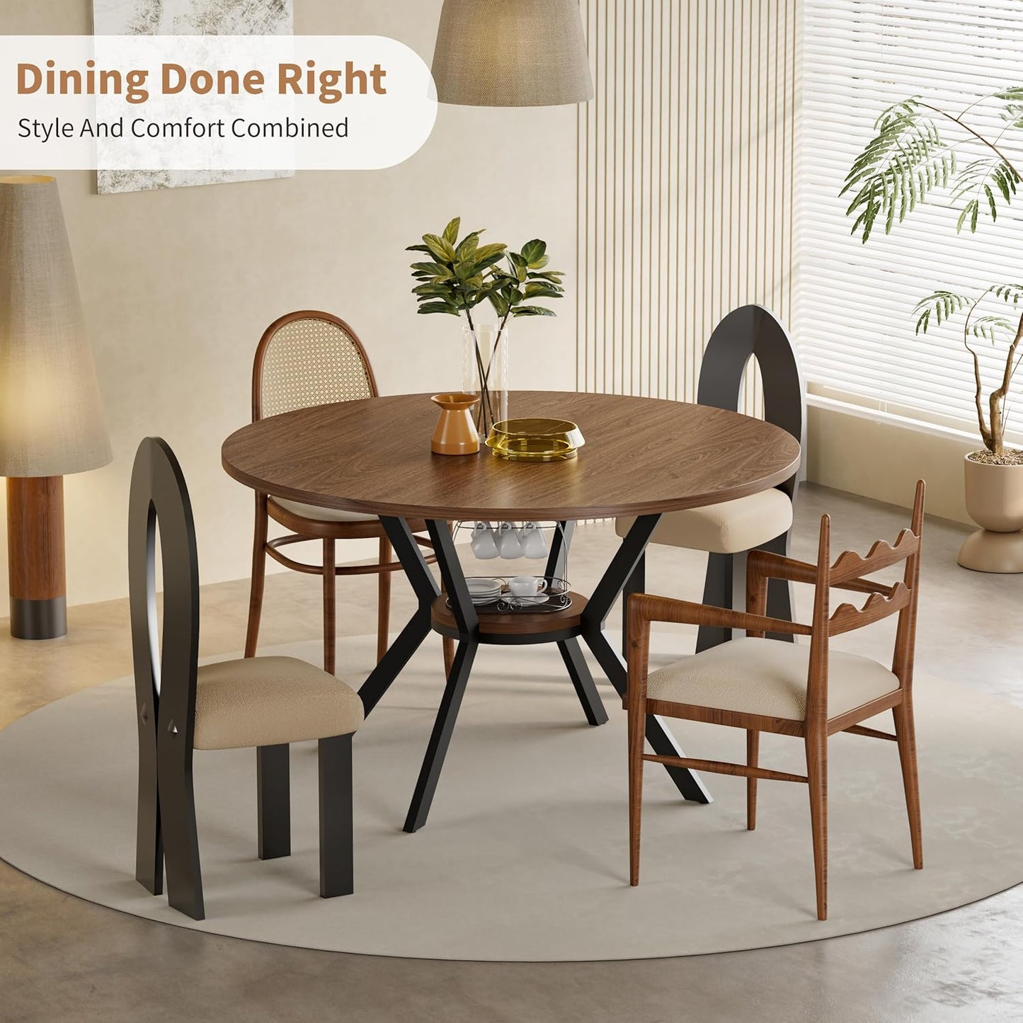 Farmhouse 42-Inch Round Kitchen Table – Space-Saving Dining Table with Storage Shelf & Sturdy Metal Legs
