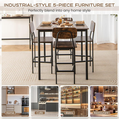 Giantex 5-Piece Dining Set – Counter Height Table & 4 Bar Stools with Backrests and Footrests, Mix Brown