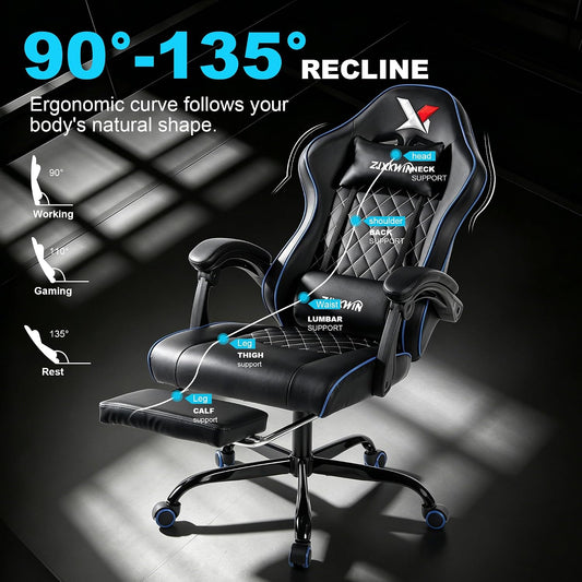 Premium Gaming Chair – Ergonomic High Back Office Chair with Pocket Spring Cushion, Footrest, Lumbar Support & Adjustable Height, Blue