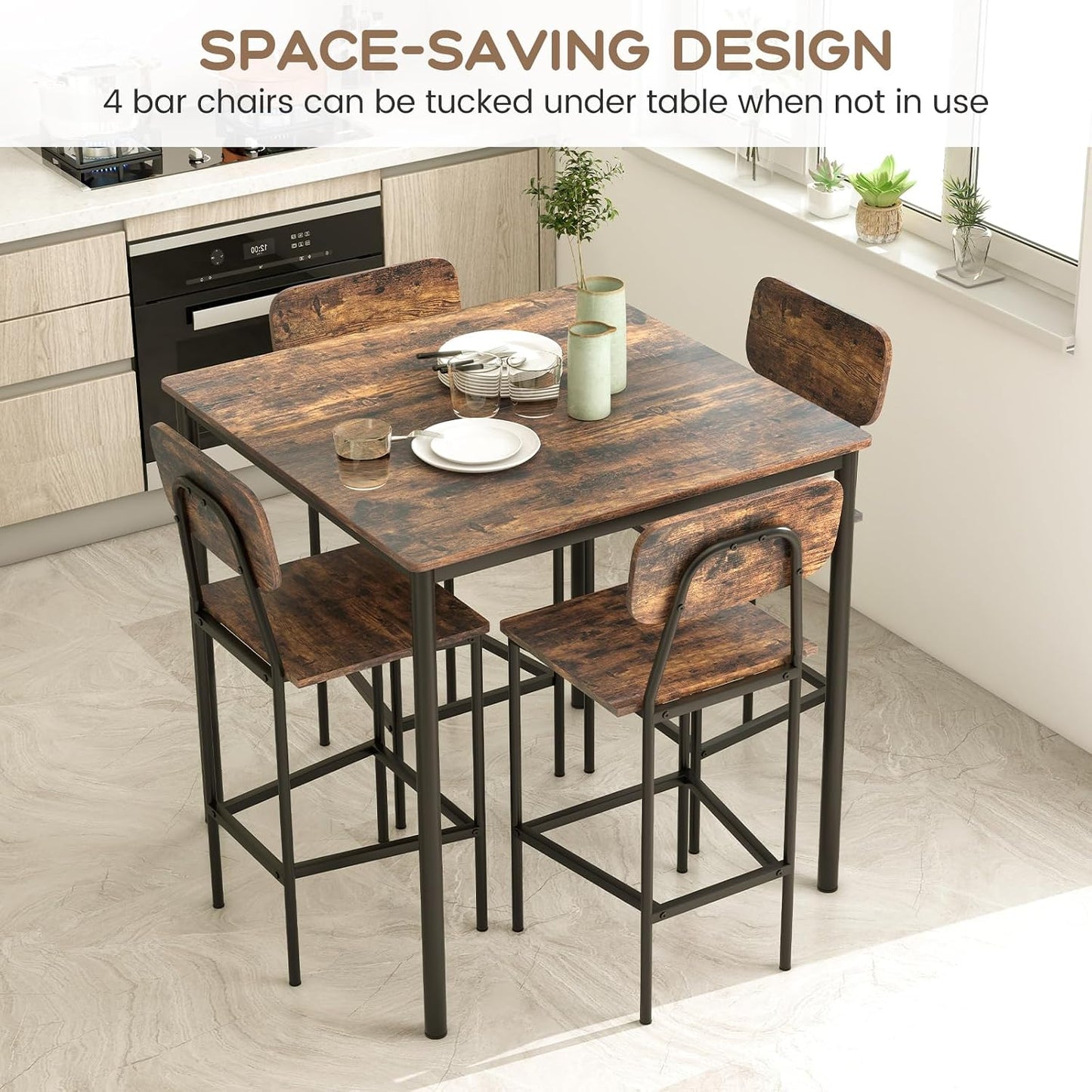 Giantex 5-Piece Dining Set – Counter Height Table & 4 Bar Stools with Backrests and Footrests, Mix Brown