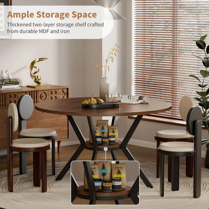 Farmhouse 42-Inch Round Kitchen Table – Space-Saving Dining Table with Storage Shelf & Sturdy Metal Legs