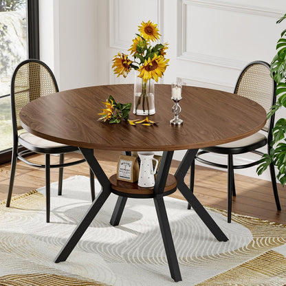 Farmhouse 42-Inch Round Kitchen Table – Space-Saving Dining Table with Storage Shelf & Sturdy Metal Legs