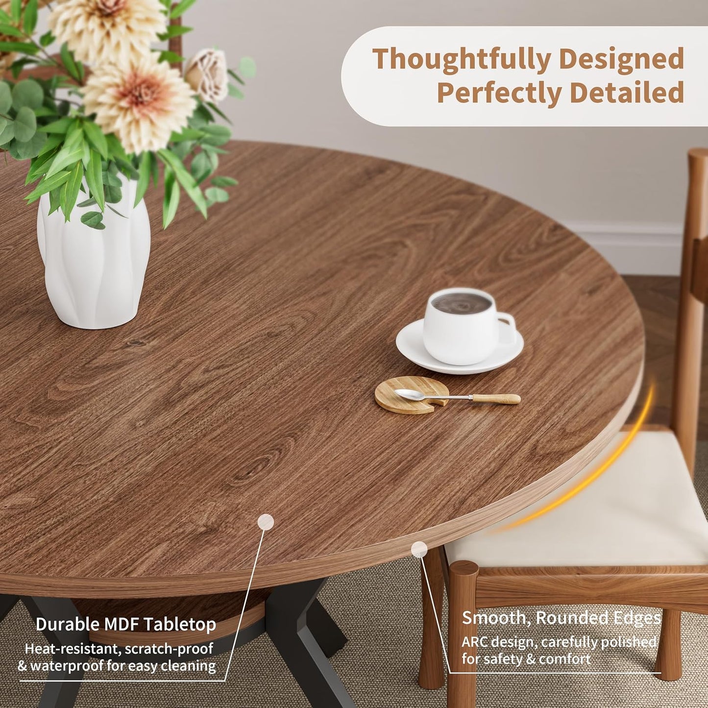 Farmhouse 42-Inch Round Kitchen Table – Space-Saving Dining Table with Storage Shelf & Sturdy Metal Legs