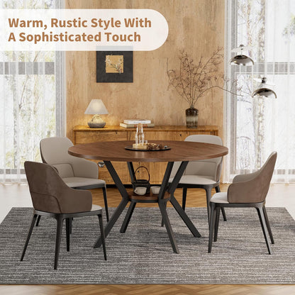 Farmhouse 42-Inch Round Kitchen Table – Space-Saving Dining Table with Storage Shelf & Sturdy Metal Legs