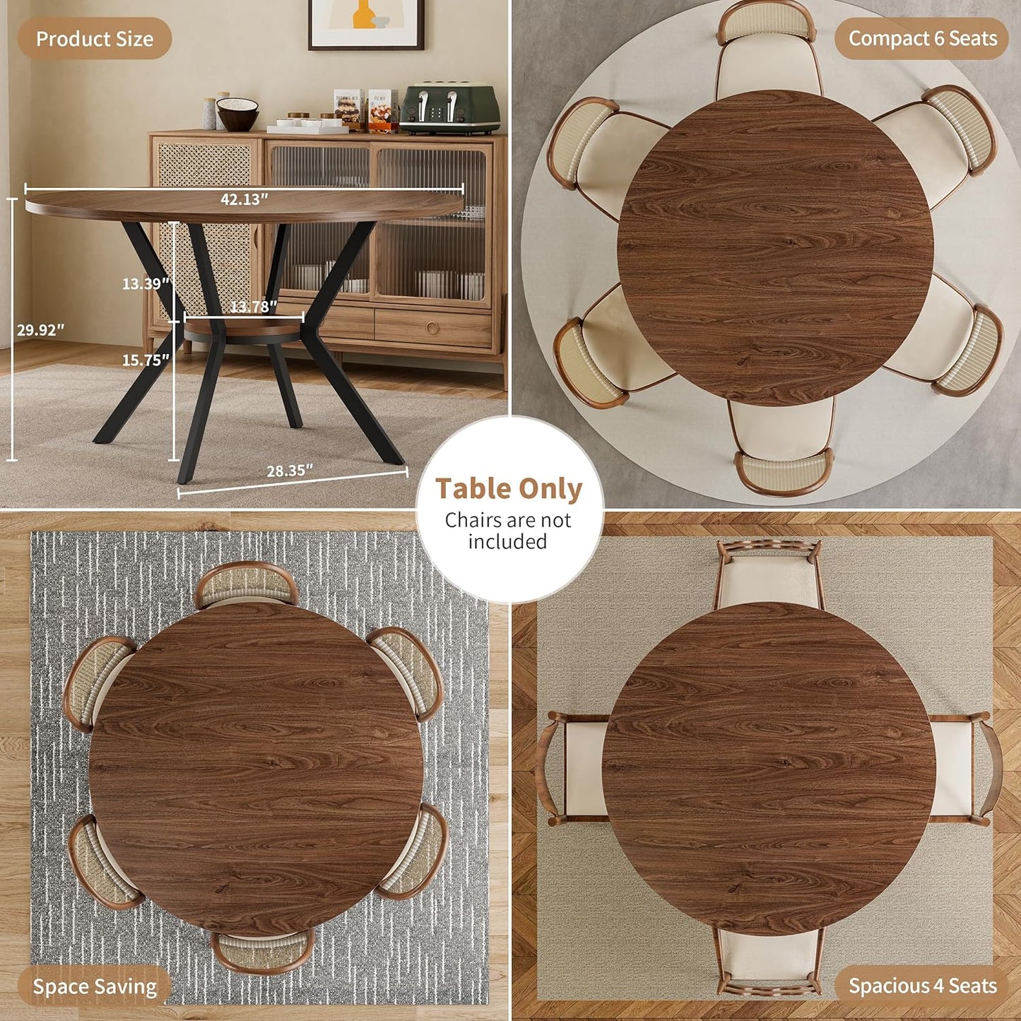 Farmhouse 42-Inch Round Kitchen Table – Space-Saving Dining Table with Storage Shelf & Sturdy Metal Legs